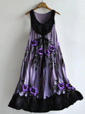Classy Purple Floral Lace Patchwork Flowy Linen Dress artswardrobe