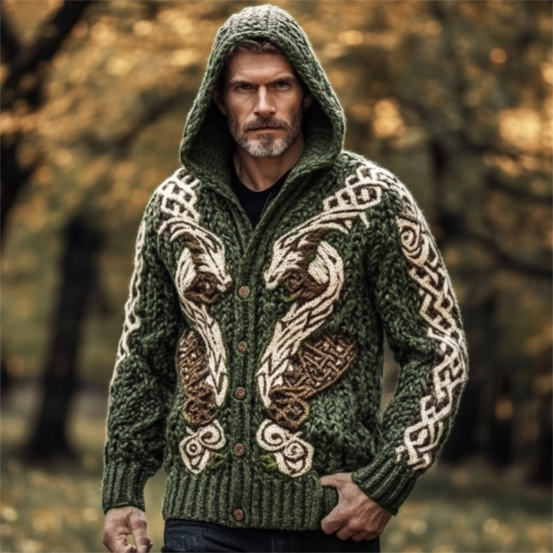 Men's Viking Wolf Celtic Chunky Hooded Cardigan artswardrobe