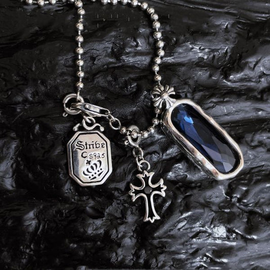 Sterling Silver Blue Round Bead Cross Pendant Necklace
