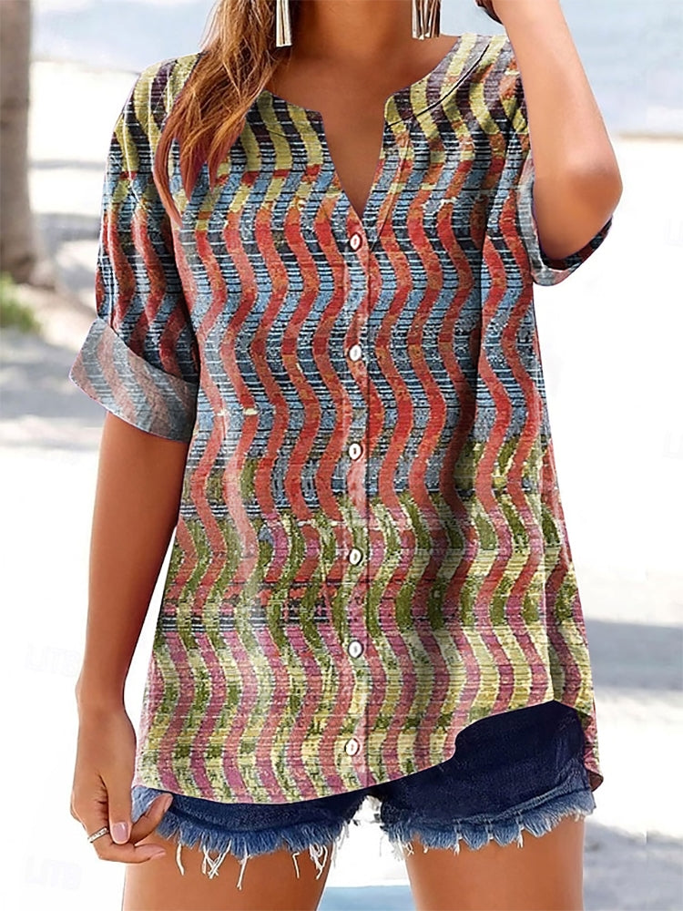 Women's Colorful Wave Pattern Art Print Cotton Linen Casual Shirt