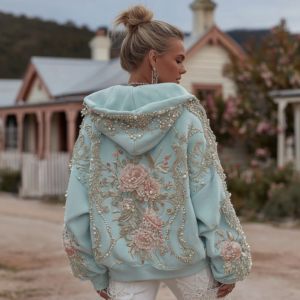 Comstylish Women's Retro Bohemian Floral Embroidery Casual Hooded Sweatshirt