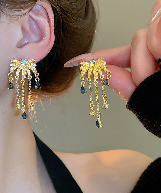 Chinese Style Gold Sterling Silver Overgild Zircon Water Drop Tassel Drop Earrings