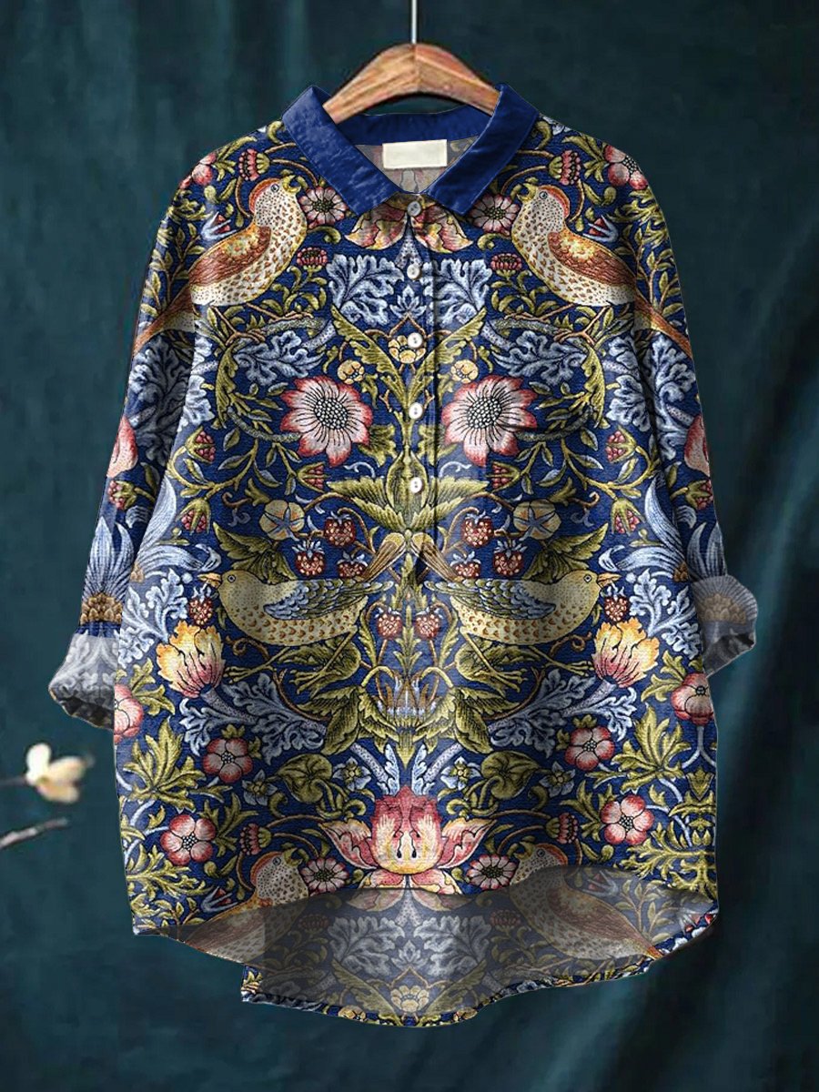 Women's Flower Vintage Pattern Art Print Casual Cotton And Linen Shirt