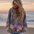 Comstylish Women's Bohemian Geometric Floral Gradient Zip-up Hoodie