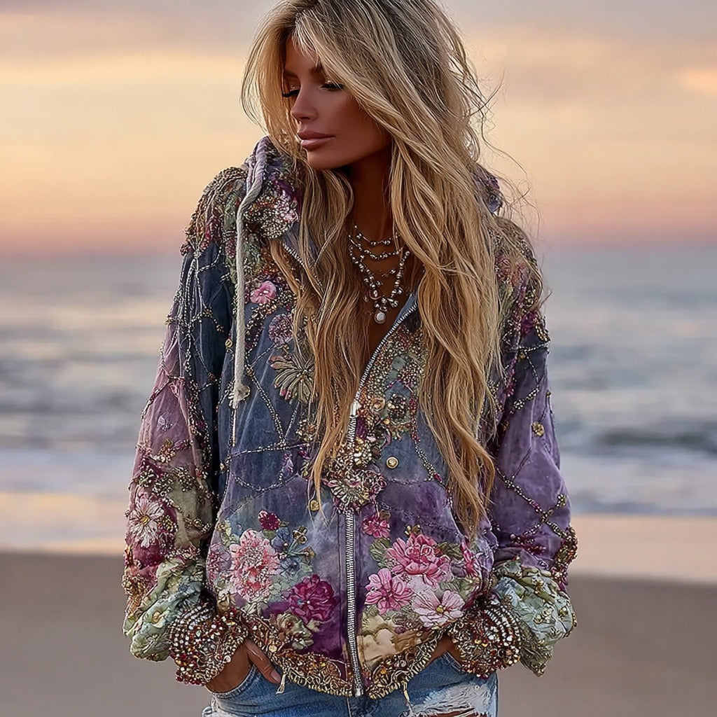 Comstylish Women's Bohemian Geometric Floral Gradient Zip-up Hoodie