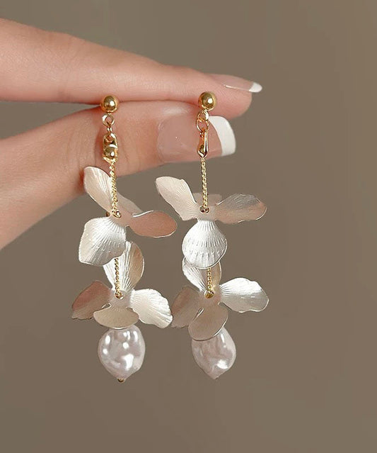 White Stelring Silver Overgild Pealr Iris Drop Earrings