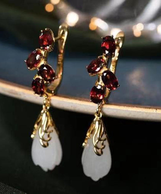 Mulberry Stainless Steel Glass Inlaid Jade Garnet Drop Earrings
