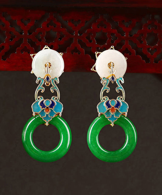 Modern Green Copper Cloisonne Jadeite Dry Green Drop Earrings