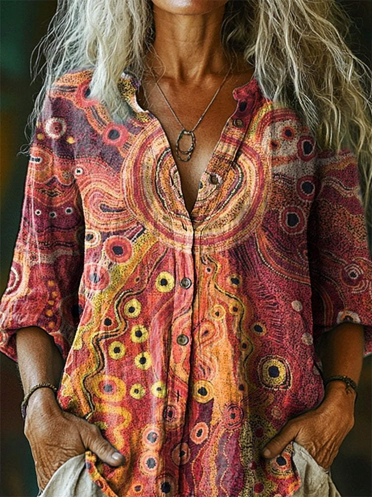 Women's Bohemian Irregular Pattern Art Print Casual Cotton Linen Shirt
