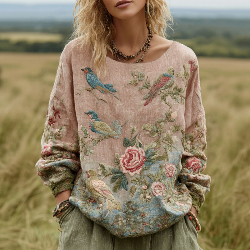 Women's Bohemian Floral And Bird Pattern Linen Crew Neck T-shirt elevenforest