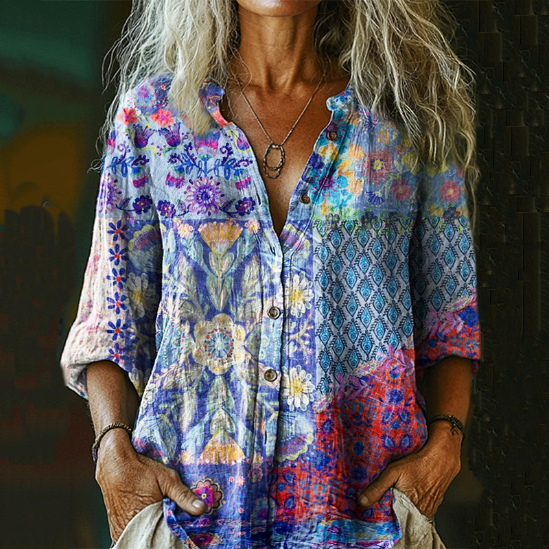 Women's Bohemian Floral Patchwork Casual Cotton And Linen Shirt artswardrobe
