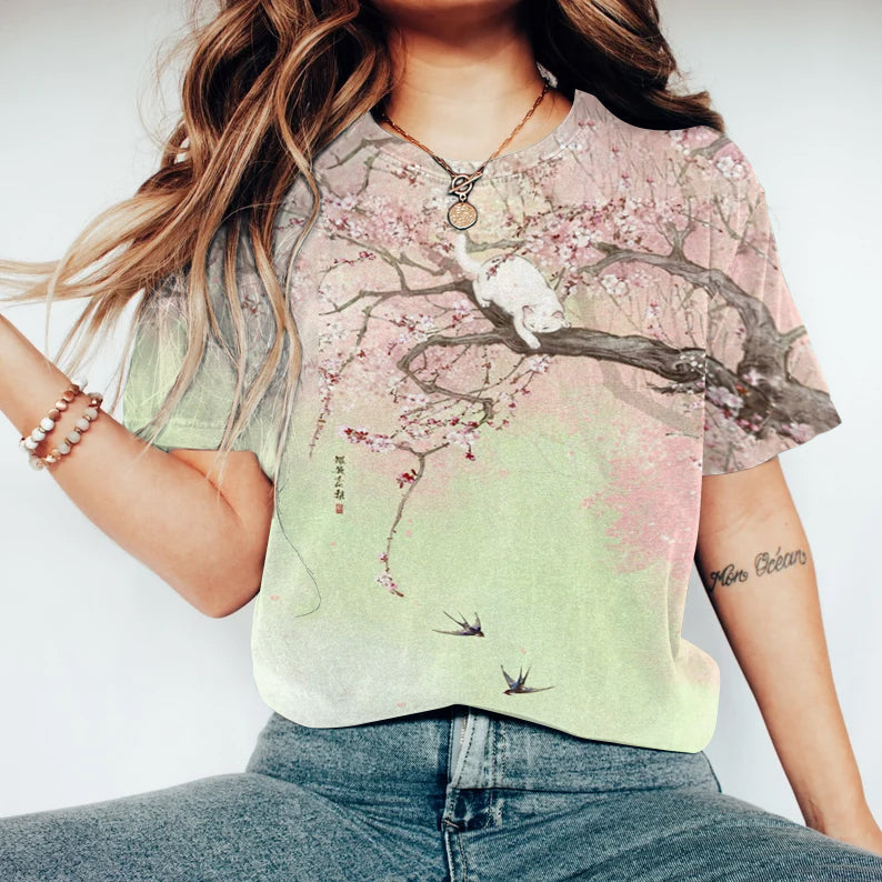 Vintage Japanese Art Floral Cat Round Neck Casual T-Shirt elevenforest