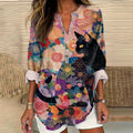 Japanese Cat Vintage Floral Art Women's Linen Long Sleeve Shirt elevenforest