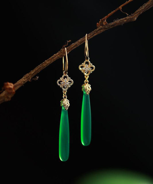 Green Agate Copper Overgild Tassle Drop Earrings