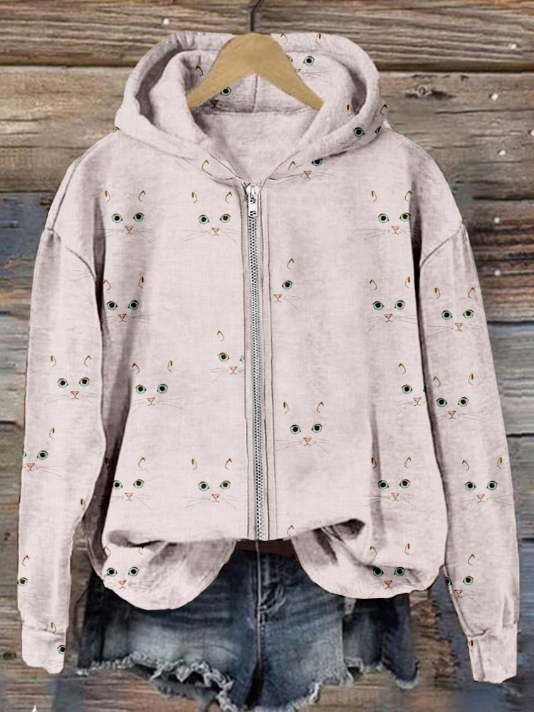 Cute Cat Face Pattern Zip Up Comfy Hoodie elevenforest