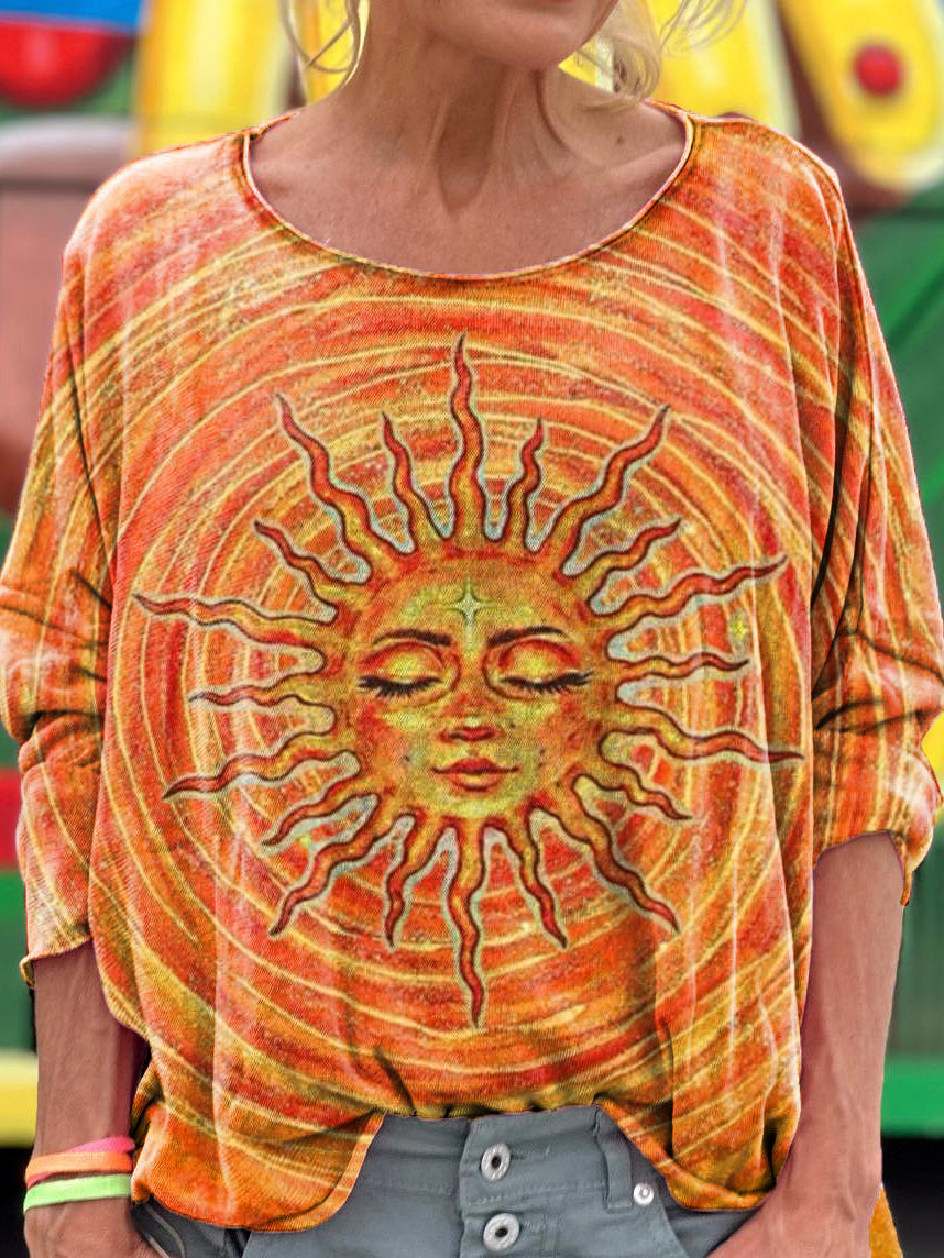 Women's Hippie Sun Art Pattern Print Casual Long Sleeve T-shirt