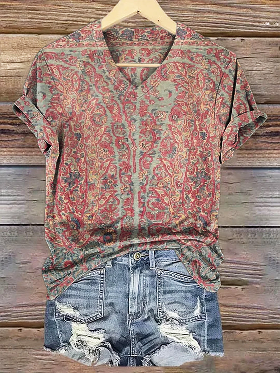 Women's Vintage Paisley Floral Art Print V-neck Casual T-Shirt