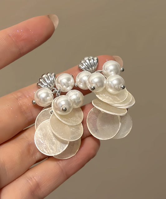 Beach White Copper Pearl Shell Tassel Drop Earrings