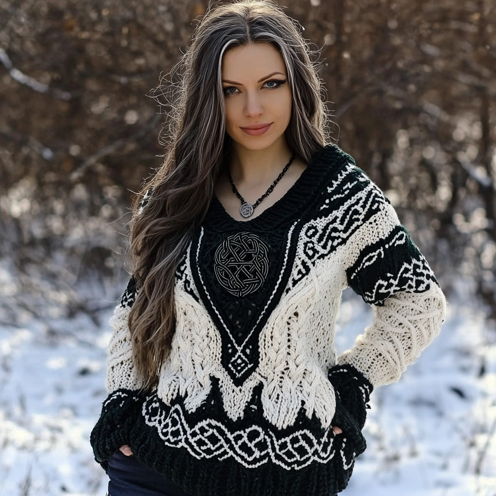 Women's Viking Rune Knit Jacquard V-neck Sweater artswardrobe