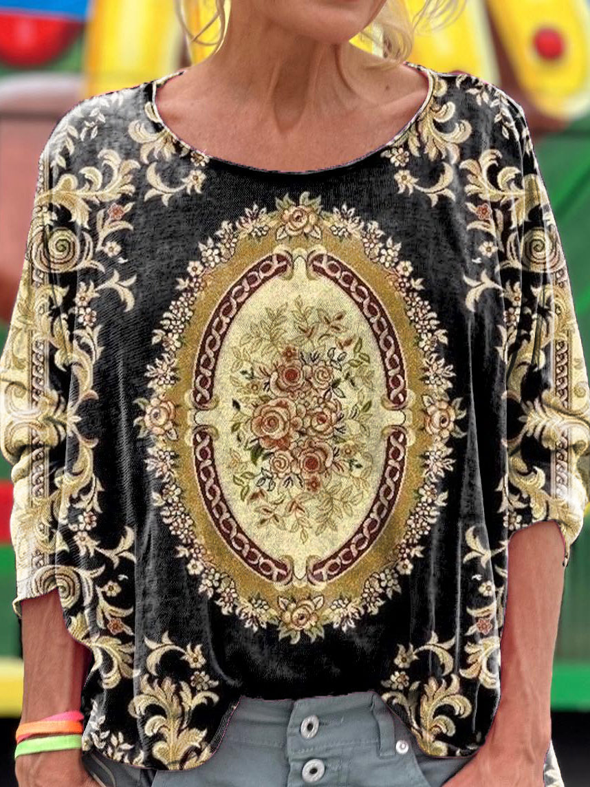 Women's Vintage Ethnic Floral Art Print Casual Long Sleeve T-shirt