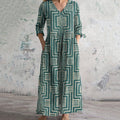 Vintage Geometric Print V-neck Linen Blend Midi Dress artswardrobe