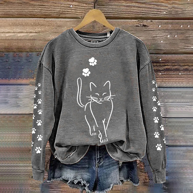 Cute Cat Print Crew Neck Sweatshirt elevenforest