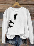 Mooncatcher Cat Print Casual Crew Neck Sweatshirt elevenforest