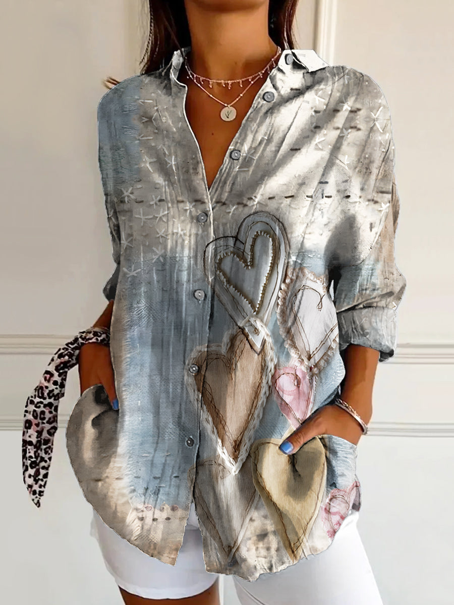 Women's Retro Heart Patchwork Art Print Casual Cotton Shirt