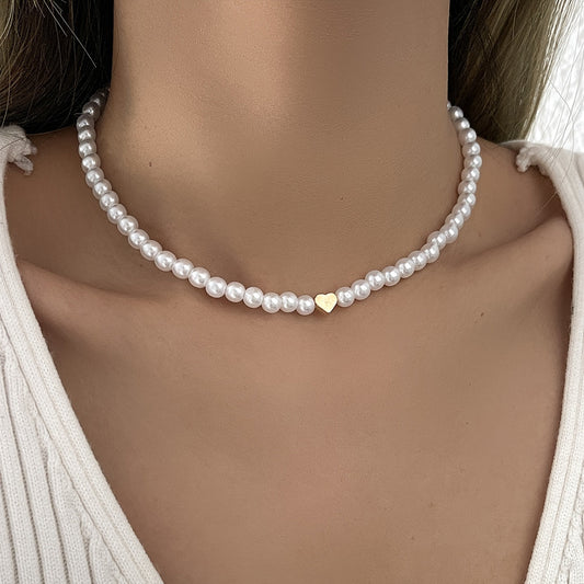 Golden Heart Full Faux Pearl Decor Beaded Necklace Ge8570