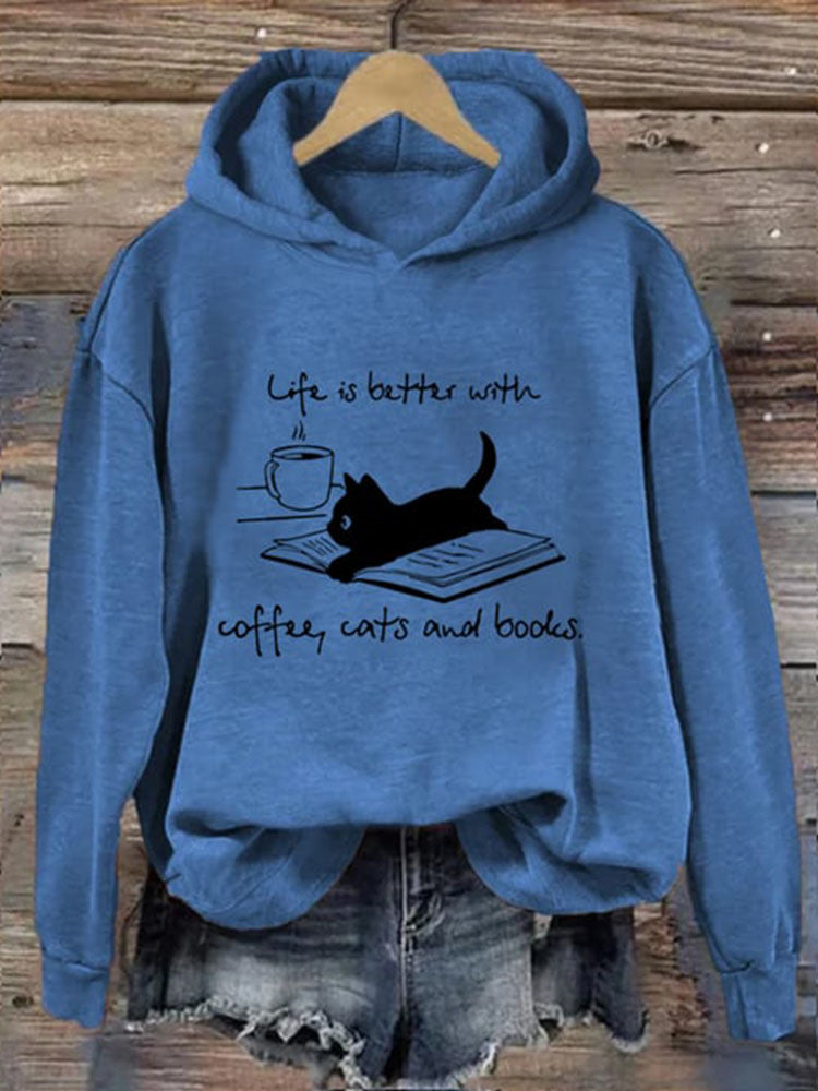Life Is Better With Coffee Cats And Books Print Casual Hoodie elevenforest