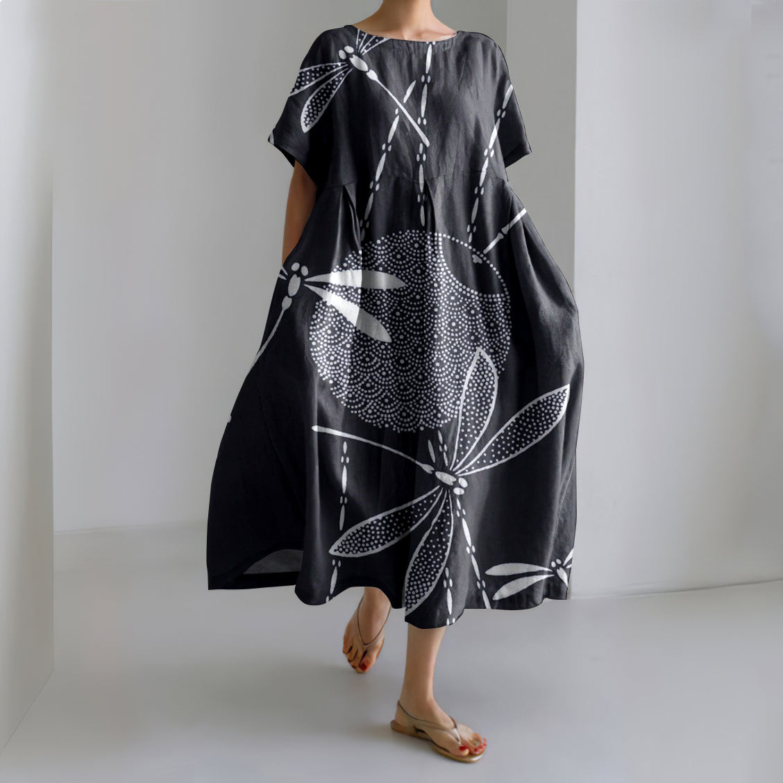 Japanese Waves & Dragonflies Art Linen Blend Casual Dress