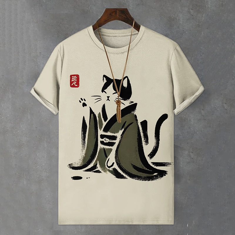 Men's Japanese Black Cat Art Print Comfortable T-shirt elevenforest