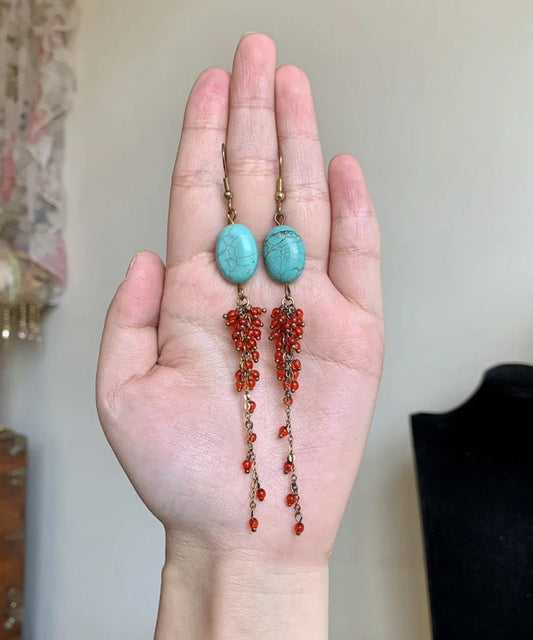 Red Sterling Silver Overgild Turquoise Pomegranate Tassel Drop Earrings