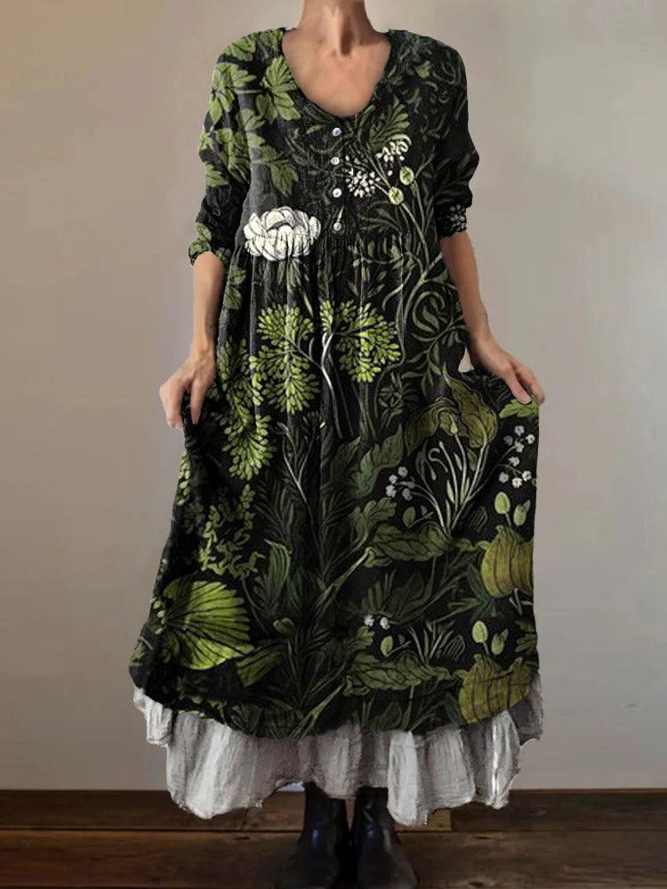 Women's Floral Pattern Art Print V-Neck Button Pocket Cotton Dress