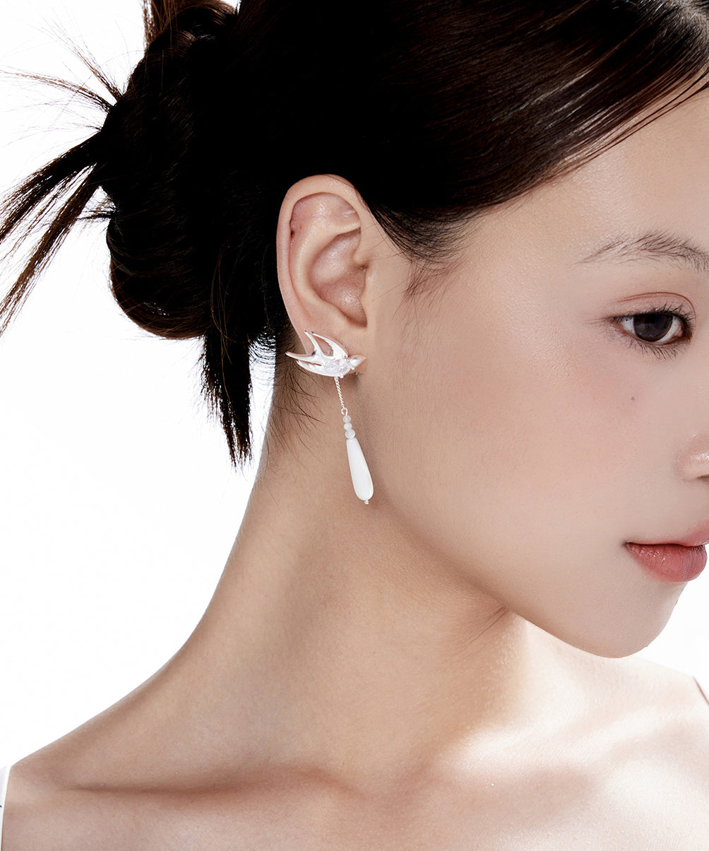 Boutique Silver Little Bird Water Droplet Silver Drop Earrings