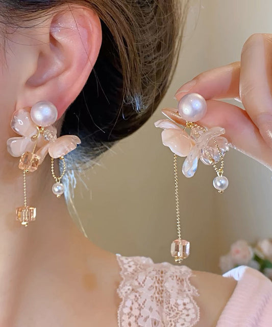 Pink Sterling Silver Overgild Crystal Pearl Tassel Drop Earrings