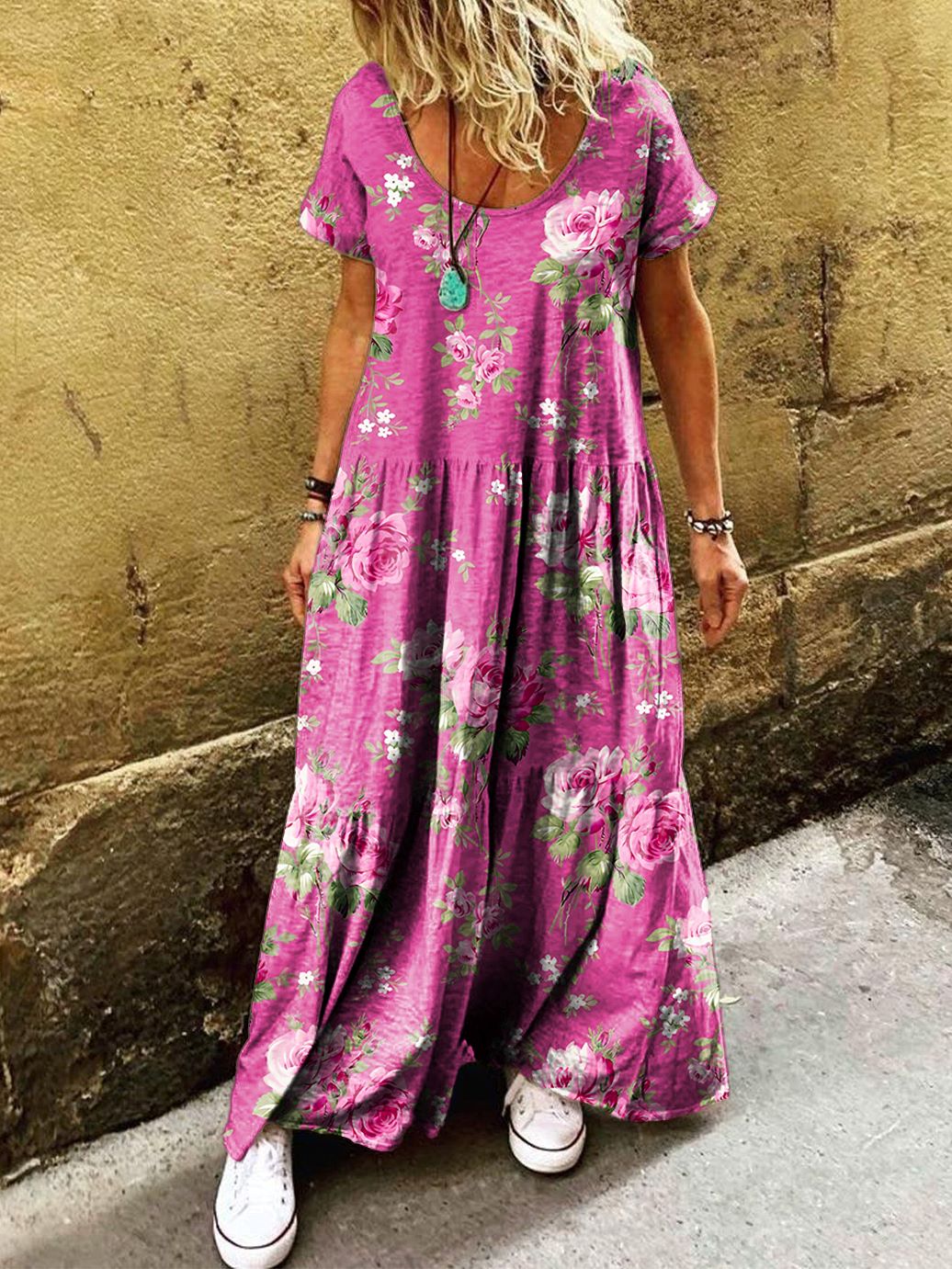 Women's Floral Art Print Pocket Short Sleeve Cotton Dresses
