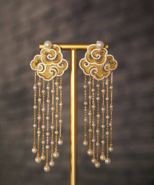 Gold Sterling Silver Overgild Zircon Auspicious Clouds Pearl Tassel Drop Earrings