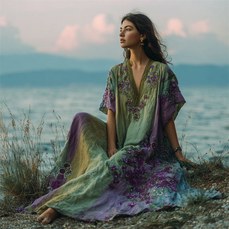 Boho Purple Floral Embroidered Gradient Linen Kaftan Maxi Dress artswardrobe
