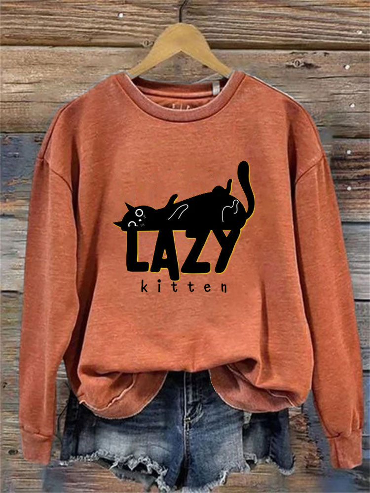 Funny Lazy Kitten Print Sweatshirt elevenforest