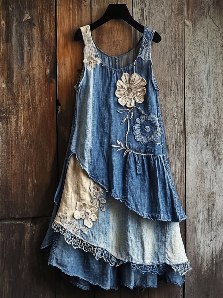Flowers Denim Textile Lace Layered Tank Dress artswardrobe