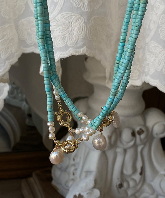 Green Copper Turquoise Pearl Pendant Necklace