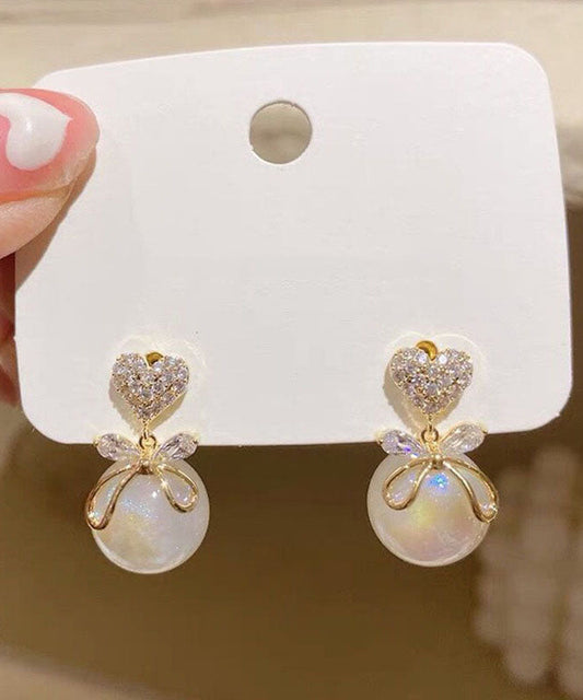 White Copper Overgild 14k Gold Pearl Zircon Bow Drop Earrings