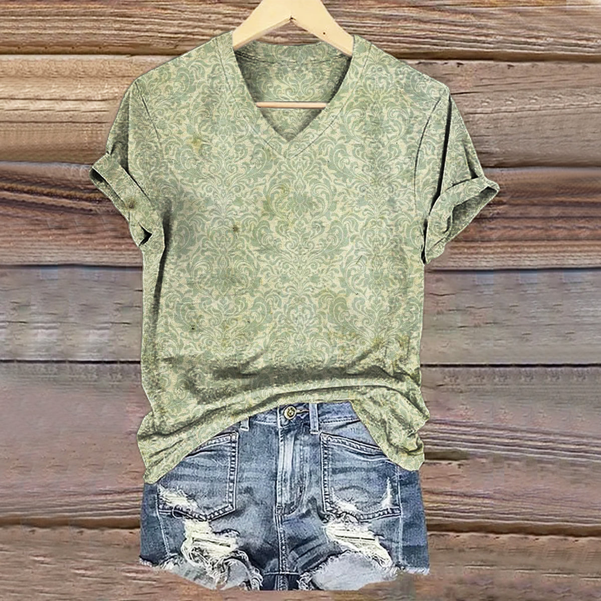 Women's Vintage Ethnic Floral Art Print V-neck Casual T-Shirt