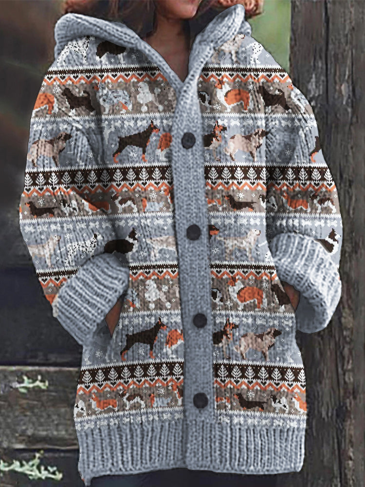 Dogs Of Breeds Inspired Cozy Knit Hooded Isle Cardigan artswardrobe