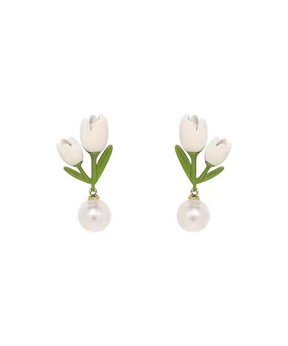 White Sterling Silver Alloy Pearl Tulip Stud Earrings