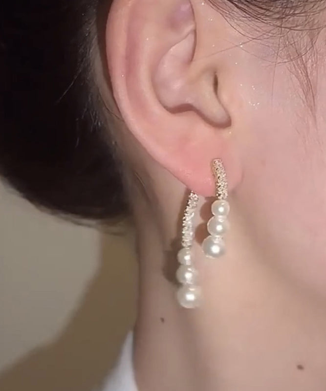 Stylish White Copper Alloy Pearl Zircon Intersection Hoop Earrings