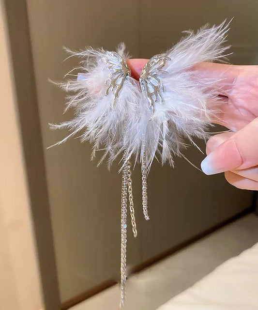 White Alloy Zircon Butterfly Plume Tassel Drop Earrings