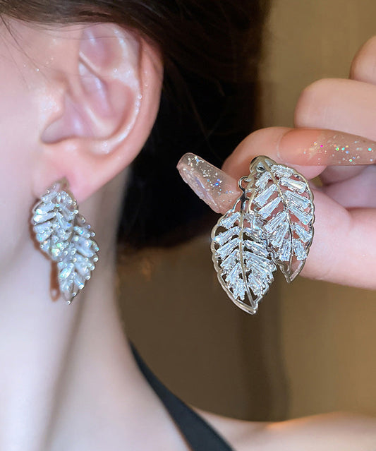 Fine Gold Copper Zircon Hollow Out Leaf Stud Earrings
