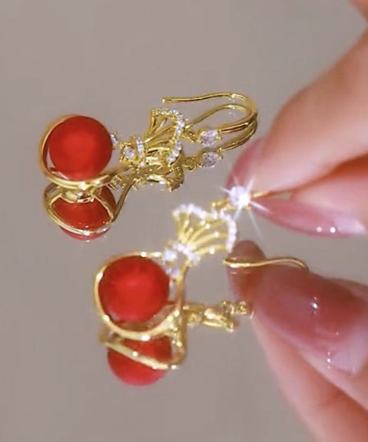 Red Stering Silver Overgild Zircon Pearl Money Bag Drop Earrings